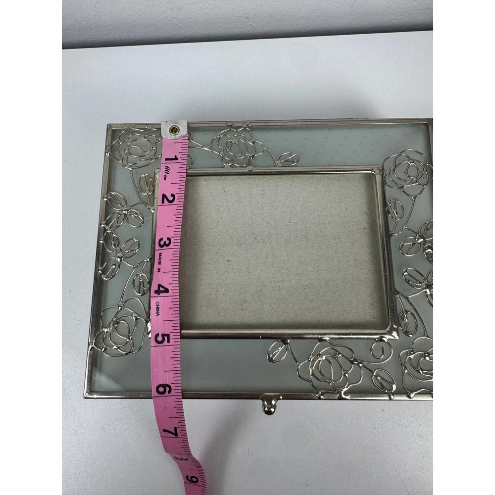 Vtg Frosted Glass Trinket Box Silver Rose Filigree Picture Frame Jewelry